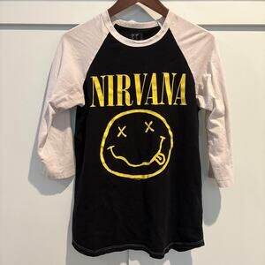 Nirvana Shirt Men Medium Black White Smiley Face 3/4 Sleeve Raglan Band Tee 2013